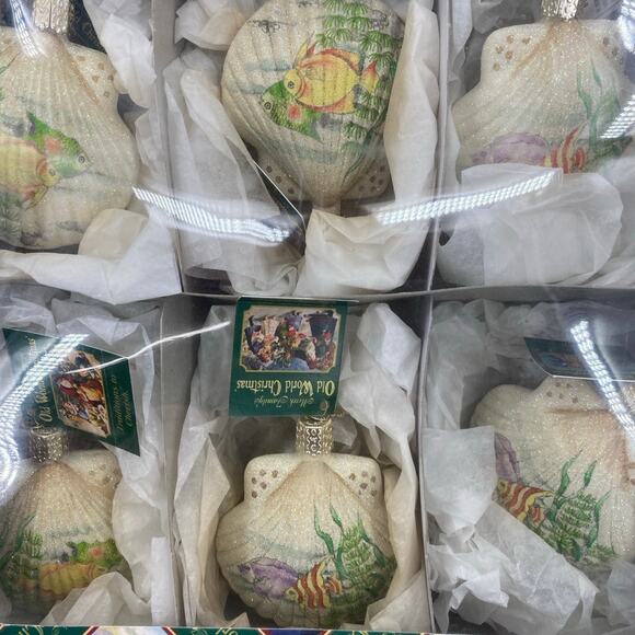 Old World Christmas Scallop Shell Design Fish Scene Christmas Ornaments Set of 6 - Picture 7 of 12